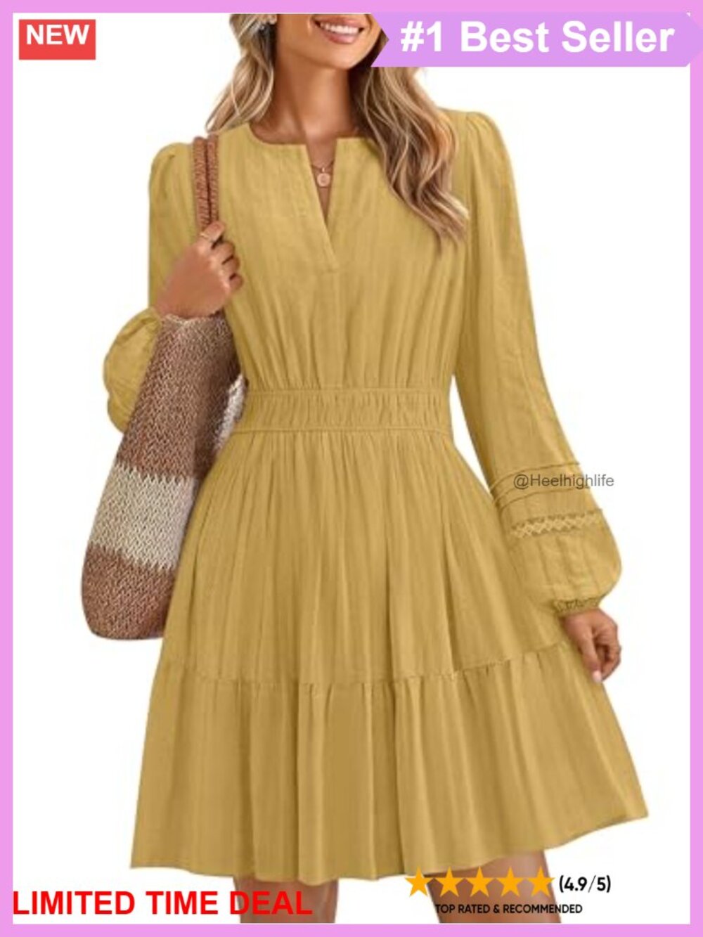 100% Cotton V Neck Long Sleeve Mini Dress Flowy A-Line Hidden Pockets